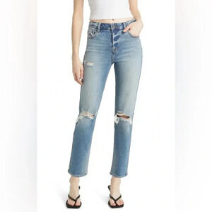 Hidden Los Angeles Distressed High Rise Straight Leg Raw Hem Jeans
